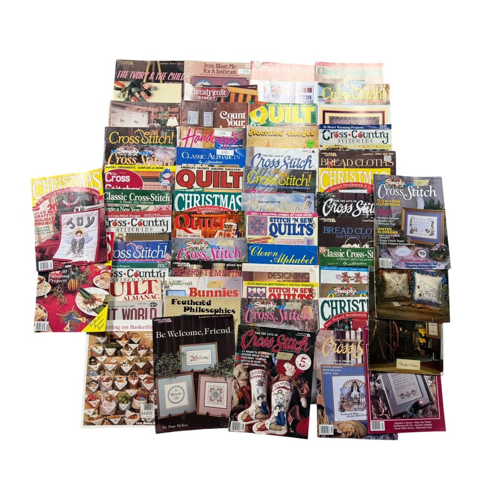 Lot of 55 Vintage Cross Stitch Quilting Craft Magazines Pattern Booklets 80s 90s